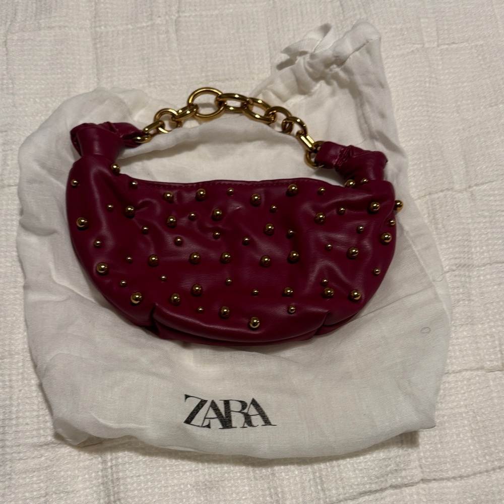 Zara Maroon Studded Clutch with Gold Accents